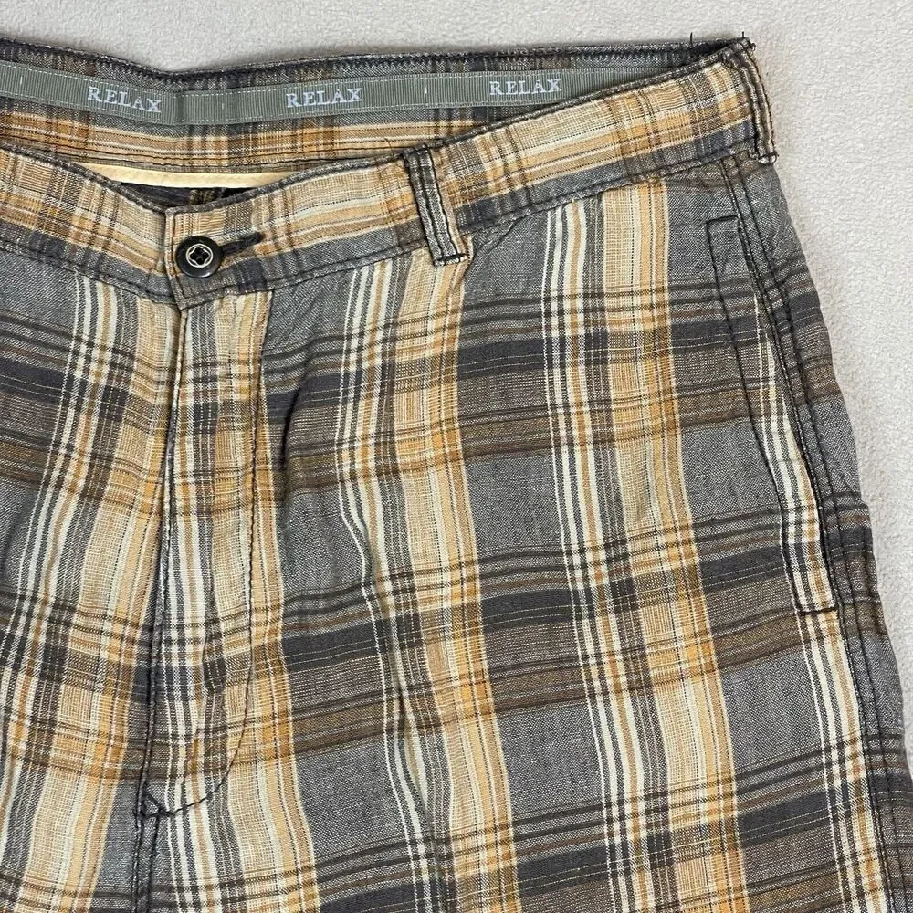 Tommy Bahama Relax Short Mens 35‎ Brown Plaid Linen Chino Preppy Adult